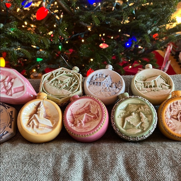 Vintage Embossed Ceramic Scenic Christmas Ornaments – Hand-Painted Pastel Glaze